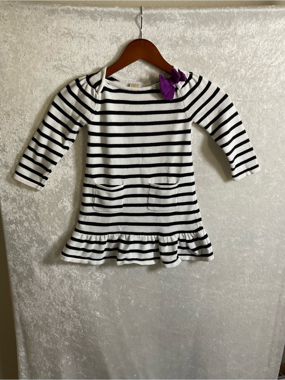 Gymboree Black & White Striped Knit Dress with Purple Bow Accent 3T
